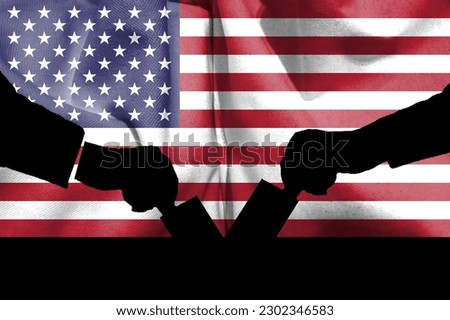 American flag and election vote silhouette composition. Describe the 2024 US election situation and results. Basemap and background concept. Double exposure hologram. Royalty-Free Stock Photo #2302346583