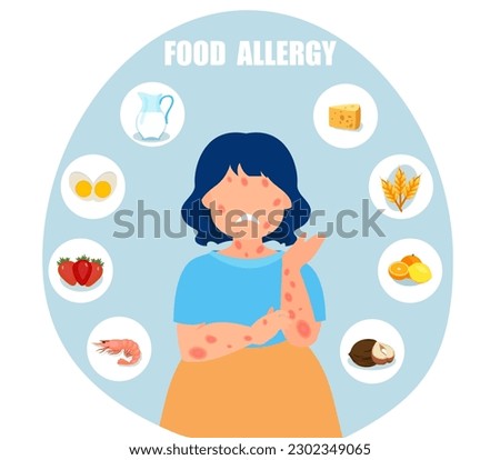 Vector of a child a girl with skin rash, food allergy  Royalty-Free Stock Photo #2302349065