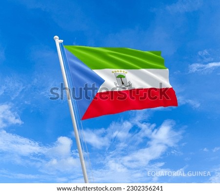 Flag on Equatorial-Guinea flag pole and blue sky, Flag of Equatorial-Guinea fluttering in blue sky big national symbol. Waving red, cyan and green Equatorial-Guinea flag, Independence Constitution
