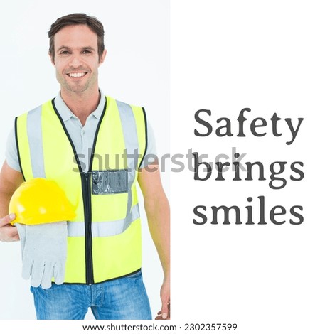 Composition of health and safety text over caucasian man holding safety helmet. Health and safety, precaution and care concept digitally generated image.