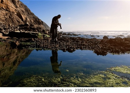 An adult photographer on the beach taking pictures