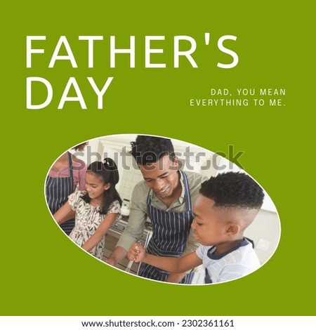 Composition of father's day text over african american couple with son and daughter baking. Father's day and family concept digitally generated image.