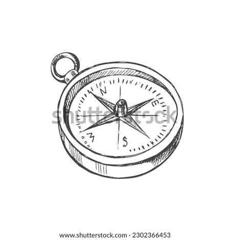 Hand drawn  sketch of retro compass. Vintage vector illustration isolated on white background. Doodle drawing. 