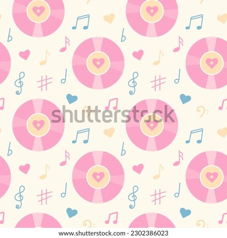 Vintage vinyl record, music notes and hearts seamless pattern. Pastel wrapping paper or fabric template. Vector illustration.