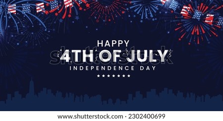 Happy 4th of July independence day USA banner template with firework and USA cityscape on a navy blue background. Vector illustration. Royalty-Free Stock Photo #2302400699