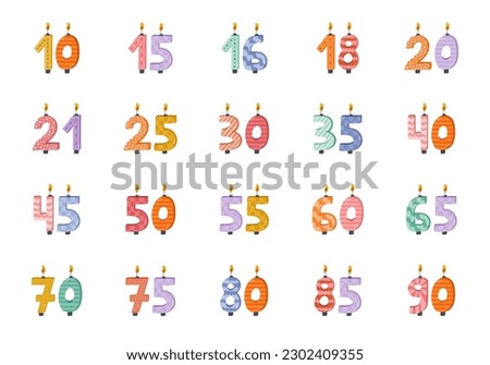 Cute set with birthday number candles from 0 to 9 with burning flames in scandinavian style. Decoration for holiday cake for celebration anniversary, birthday, wedding. Stylized hand drawn clipart.