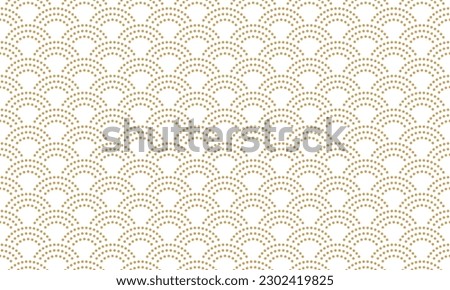 Fish scale seamless pattern with subtle gold dotted dash line, Japanese wave seashell repeat background vector for print.  Royalty-Free Stock Photo #2302419825