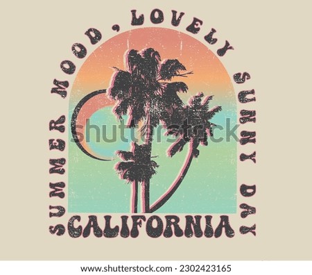 Summer vibes. Palm tree with sunshine colorful retro print artwork. Lovely california beach graphic print design for t shirt print, poster, sticker, background and other uses. 