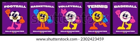 Game balls cartoon characters from the 90s. Tennis, basketball, volleyball, footbal,baseball. Fashion poster. funny colorful doodles in hippie style. Vector groovy illustration with typography