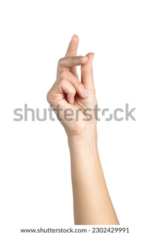 Woman hand Finger snap isolated on white background, with clipping path.  Five fingers. Full Depth of field.  Royalty-Free Stock Photo #2302429991