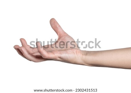 Woman hand holding grabbing or measuring something isolated on white background, with clipping path.  Five fingers. Full Depth of field. 