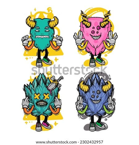 set of different isolated hand drawn colorful monster.