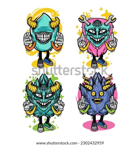 set of different isolated hand drawn colorful monster.