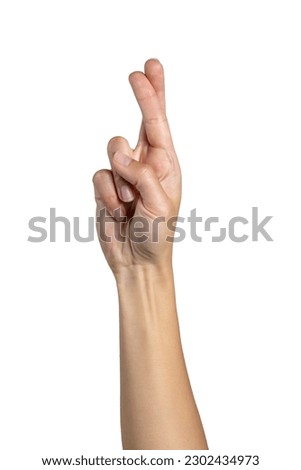 Woman hand crossed fingers gesture isolated on white background, with clipping path.  Five fingers. Full Depth of field. Focus stacking. PNG Royalty-Free Stock Photo #2302434973