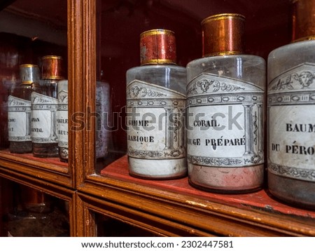 Old pharmacy. Drug banks. Arnica, staphysagria and other medicines for the treatment of diseases in the Middle Ages. Homeopathy. Beaune, Burgundy, France
