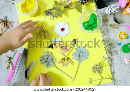 Autumn crafts with natural dry flowers, grass, leaves. Creating butterfly, sun, heart from plasticine.