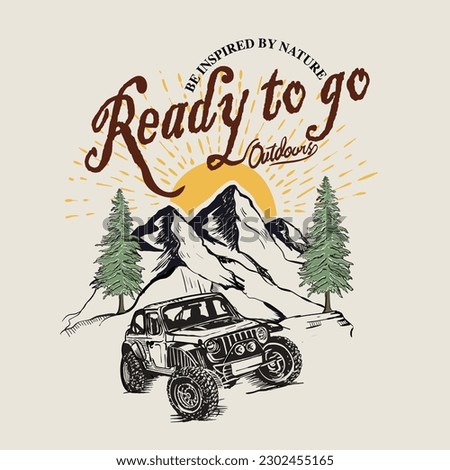 Ready to go outdoors vintage prints, Adventure at the mountain graphic artwork for t shirt and others. Mountain with tree retro vintage print design. the great outdoors. Royalty-Free Stock Photo #2302455165