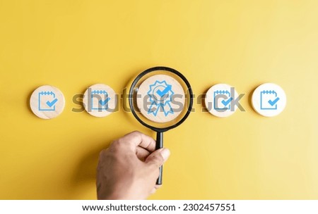 Checklist Quality management with Quality Assurance or QA and Quality Control or QC and improvement. Standardization certification. Compliance to regulations service and standards. Royalty-Free Stock Photo #2302457551