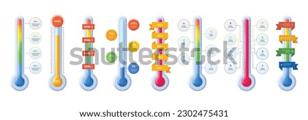 Thermometer temperature infographic templates. Hot and cold sales, fundraising tiers meter and goal tracking success scale vector illustration set. Indicators of aim achievement, progress Royalty-Free Stock Photo #2302475431