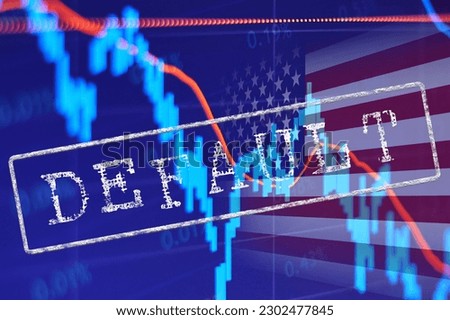White DEFAULT inscription against the background of the US flag and falling stock charts Royalty-Free Stock Photo #2302477845