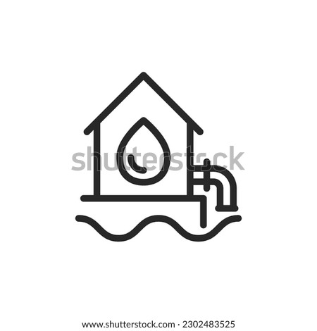 Water Supply System Icon. Vector Outline Sign of House with Water Drop and Pipe - Vector Symbol Depicting Residential Plumbing and Water Infrastructure. Royalty-Free Stock Photo #2302483525