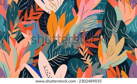 Modern colorful tropical floral pattern. Cute botanical abstract contemporary seamless pattern. Hand drawn unique print