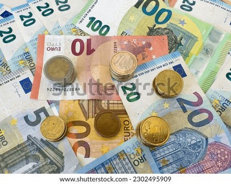 Euro coins and notes. Euro Money and cash background. Euro Money Banknotes for pay. Euro bills and coins in Crisis of the European Union. Coins and bills for pension.