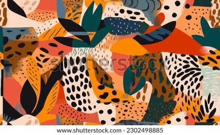 Abstract hand drawn exotic print. Modern collage with different shapes and textures. Creative template for design. Groovy African style pattern
