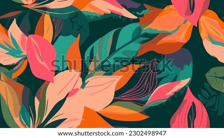 Modern tropical floral pattern. Colorful abstract contemporary seamless pattern. Hand drawn unique print Royalty-Free Stock Photo #2302498947