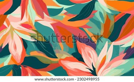 Modern tropical floral pattern. Colorful abstract contemporary seamless pattern. Hand drawn unique print