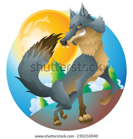 Grinning wolf  posing at the moon cartoon illustration