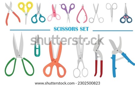 Types of scissor set isolated on white background. Set of diferent colored scissors vector. Scissor icon in cartoon and flat style. Open, closed cutting or nippers. Vector illustration.