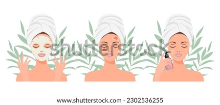Facial skin care. A woman takes care of her skin. Cosmetic masks, patches, cream, lotion, soap, face mousse. Clip art set
