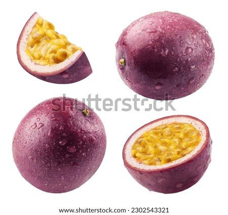 Passion fruit isolated. Ripe passion fruit, half and slice of fruit in drops of water on a white background. Royalty-Free Stock Photo #2302543321