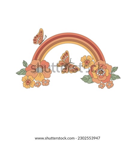 Retro groovy autumn rainbow and florals vector illustration. Happy Thanksgiving Day poster print design.