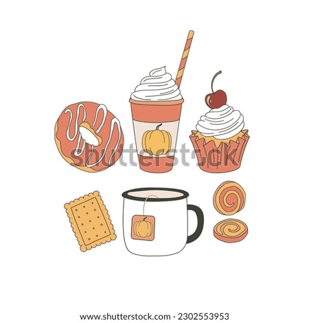 Autumn donut coffee cupcake pumpkin tee candy cookie vector clip-art set isolated on white. Pumpkin season hand drawn illustration collection. Happy Thanksgiving Day treats design elements