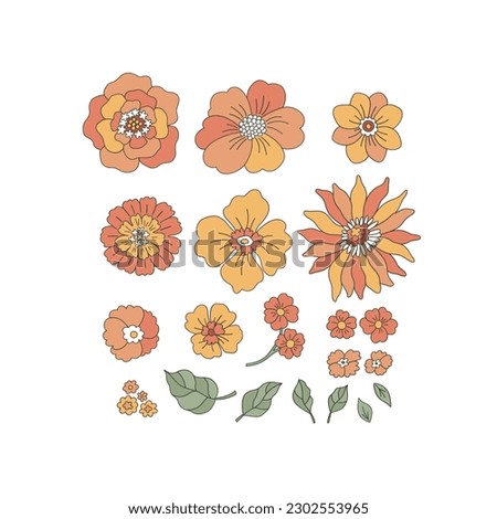 Groovy autumn flowers vector clip-art set isolated on white. Retro hippie fall florals hand drawn illustration collection. Happy Thanksgiving Day design elements