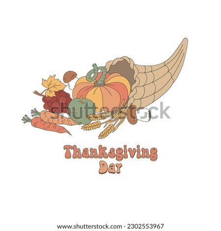 Autumn horn of plenty fruit and vegetable vector illustration. Happy Thanksgiving Day poster print design.