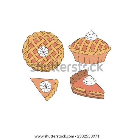 Pumpkin pie cake vector clip-art set isolated on white. Autumn bakery hand drawn illustration collection. Happy Thanksgiving Day treats design elements