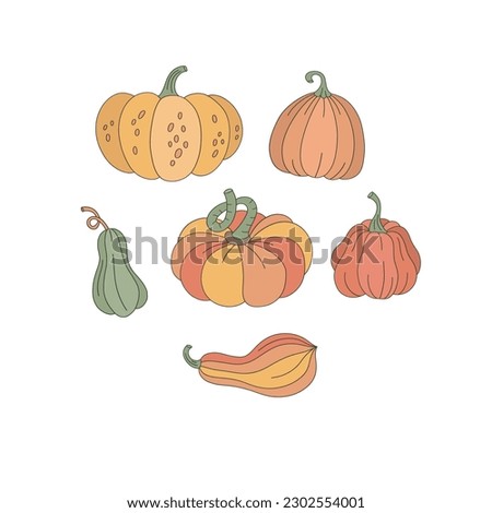 Groovy autumn pumpkin vector clip-art set isolated on white. Fall gourd hand drawn illustration collection. Happy Thanksgiving Day design elements