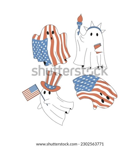 Hippy groovy 4th of July ghosts vector clip-art set isolated on white. American flag phantom illustration collection. Cute USA spirit design elements