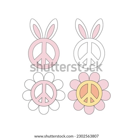Happy Easter Groovy Floral Peace Sign with bunny ears clip art set. Vector illustration isolated on white. Retro Hippie design for alternative Easter.