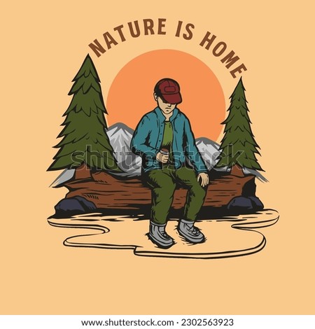 Colorful illustration badge design people with nature is home meaning, park, outdoor, camping, nature is home,