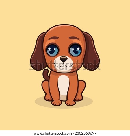 Adorable dog vector flat style illustration for children book. Front view sitting cut dog icon clip- art.