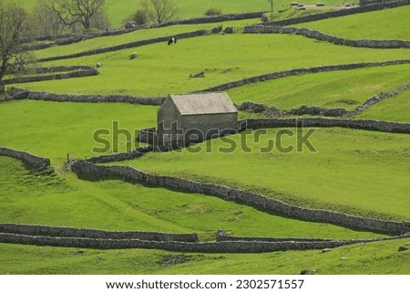 Looking down from the top of Malham Cove at a Landscape of green pasture and dry stone walls typical of the Yorkshire Dales Royalty-Free Stock Photo #2302571557