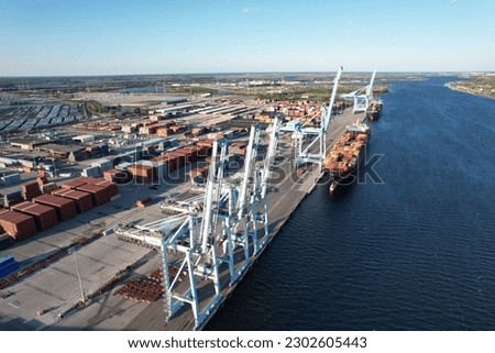 Aerial views from over the port of Jacksonville, Florida. Also known as Jaxport.