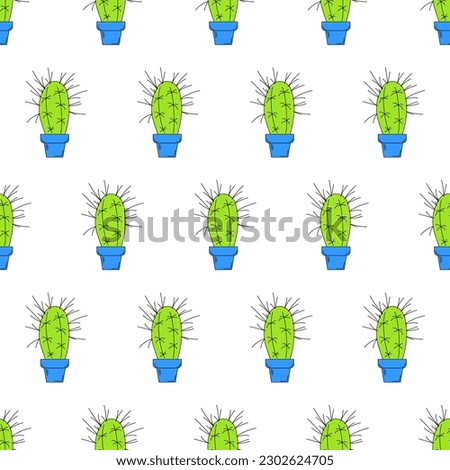 Seamless pattern with colored cacti in pots with outline, Stetsonia	