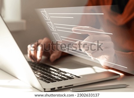 Online documentation database and document management system concept. Businesswoman working on laptop with virtual screen. Process automation to efficiently manage files