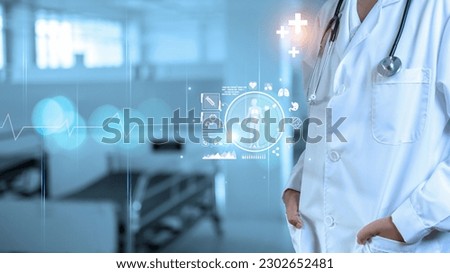 Medicine doctor with stethoscope in hand on hospital background. Medical technology. Healthcare and Medical concept.