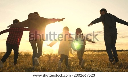 child mother father running sunset. happy family sunny run., child run healthy lifestyle in park at sunset, family nature, family children run park outdoors, children dream, silhouette running people